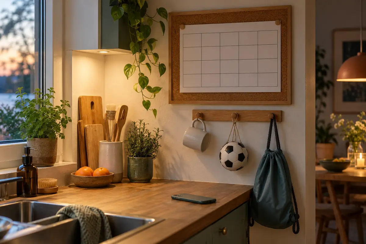 En veckoplanerare på en anslagstavla i ett kök, med en fotboll och en simpåse på kroken under