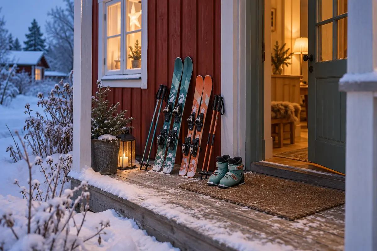 Två par korta slalomskidor och stavar lutade mot väggen på en snöig farstukvist, med små pjäxor på dörrmattan